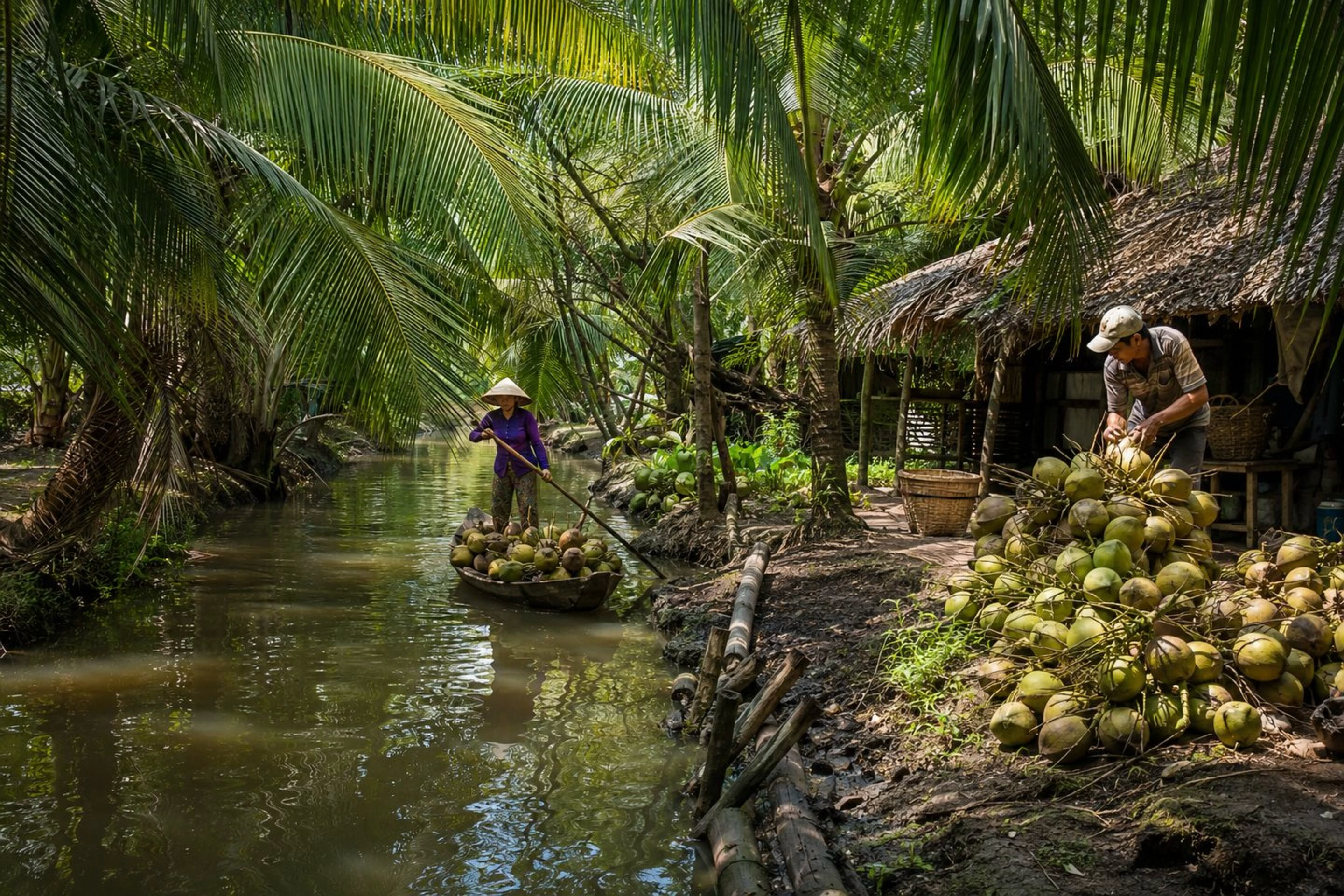 Coconuts gathered along a waterway in Southern Vietnam