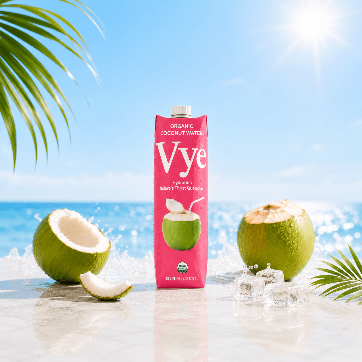 Refreshing Vye organic coconut water served chilled