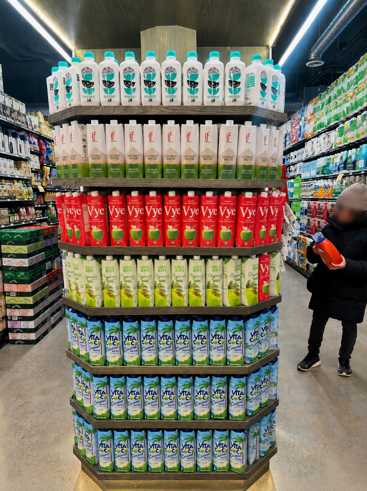 Coconut water retail endcap with Vye products