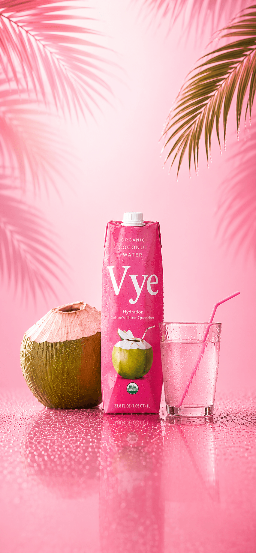 Vye coconut water with coconut and glass on a pink tropical background